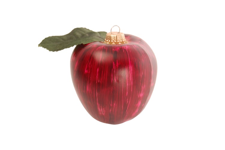 Roter Apfel mit grünen Blatt 10cm, Glasornament, mundgeblasen und handekoriert, 1 Stck., Weihnachtsbaumkugeln, Christbaumschmuck, Weihnachtsbaumanhänger