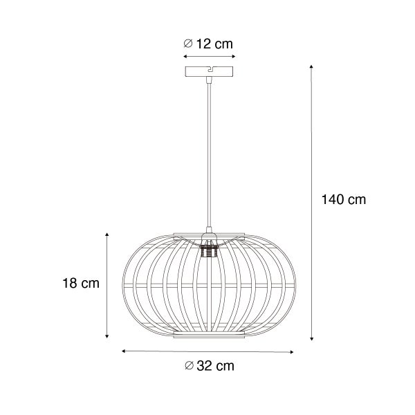 Technische Zeichnung einer Pendelleuchte mit den Maßen 140 cm Höhe, 32 cm Durchmesser und 12 cm Baldachindurchmesser.