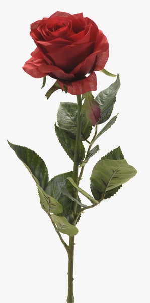 Künstliche Rose mit roter Blüte und grünem Stiel mit Blättern.