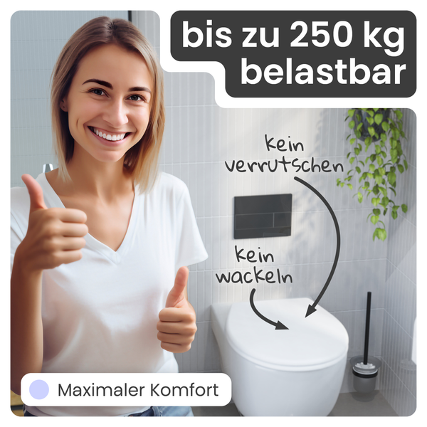 Frau mit Daumen hoch vor einer Toilette, die bis zu 250 Kilogramm belastbar ist, nicht verrutscht und nicht wackelt