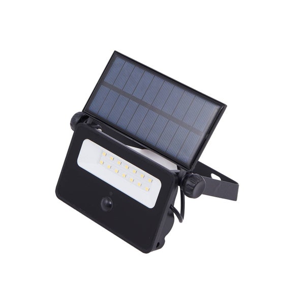 Schwarzer Solar-LED-Fluter mit Bewegungsmelder und verstellbarem Solarpanel.