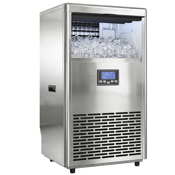 Eiswürfelmaschine aus Edelstahl mit digitalem Display und Eiswürfelfach.