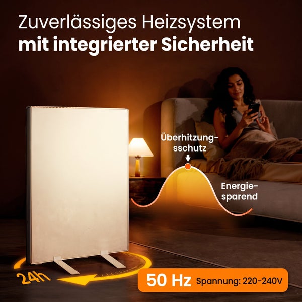 Flaches Elektroheizgerät mit Überhitzungsschutz, energiesparend, für 24 Stunden Betrieb, 50 Hertz, Spannung 220 bis 240 Volt in einem Wohnraum.