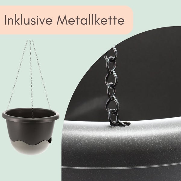 Hängeampel inklusive Metallkette zur Aufhängung und Detailansicht der Kette.