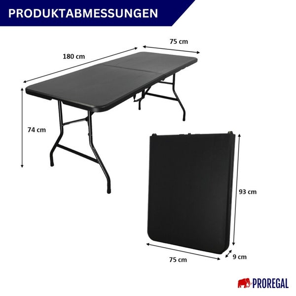 Schwarzer Klapptisch mit Produktabmessungen