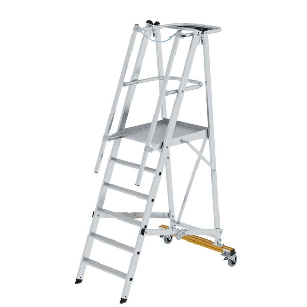PROREGAL Plattformleiter Klappbar und Fahrbar 6 Stufen Inkl. Beidseitigem Handlauf Aluminium Nivello Leiterschuhe