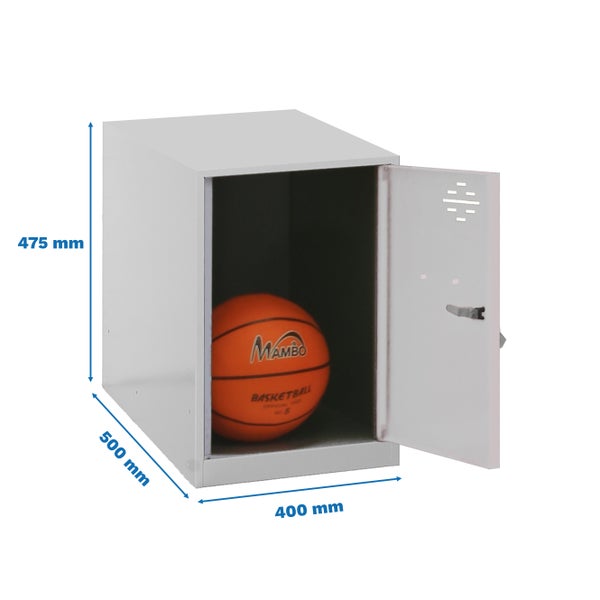 Metallschrank mit Ball und Abmessungsangaben