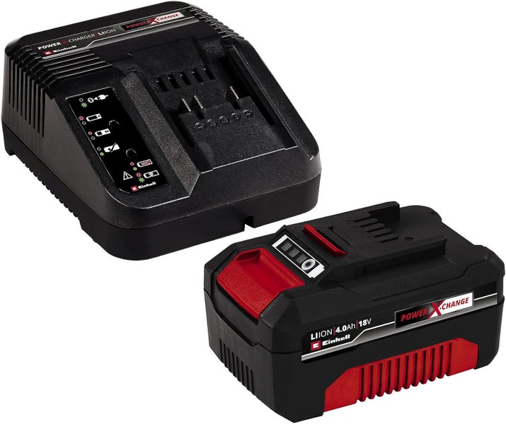 Einhell Power X-Change Akku-Starter-Kit mit 18 Volt 4,0 Amperestunden Lithium-Ionen-Akku und Ladegerät.