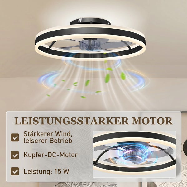 Schwarzer Deckenventilator mit LED-Ring, leistungsstarkem 15 Watt Kupfer-Gleichstrommotor und leisem Betrieb bei starkem Luftstrom.