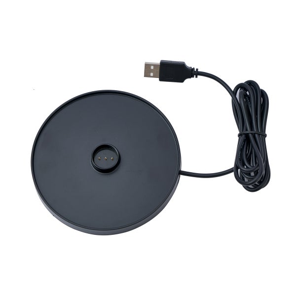 Schwarze runde Ladestation mit USB-Kabel und Ladekontakten.