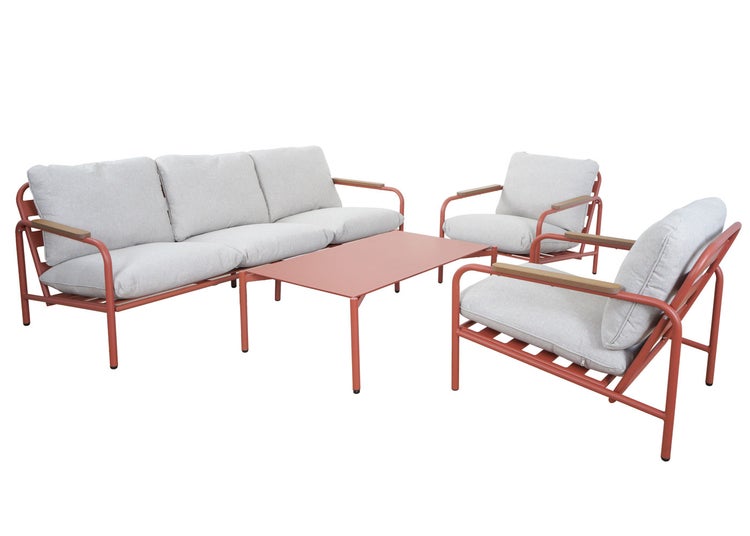 Modernes Garten-Lounge-Set mit 3-Sitzer-Sofa, zwei Sesseln und Couchtisch. Terracottafarbenes Metallgestell mit grauen Polstern.