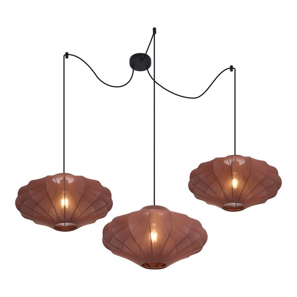 Dreiflammige Pendelleuchte mit braunen Netzschirmen und schwarzen Kabeln.