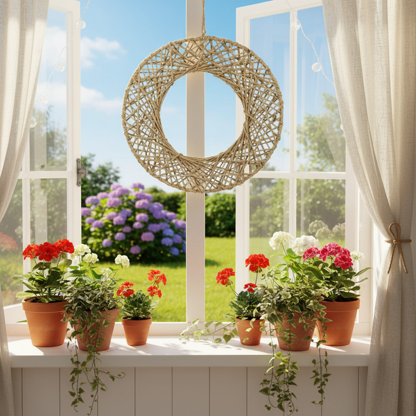 Helle Fensterszene mit hängendem Seilkranz, roten und weißen Geranien in Terrakottatöpfen auf dem Sims und Blick in den Garten.