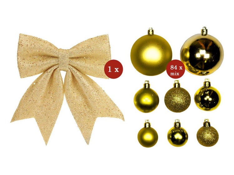Weihnachtsbaumschmuck Set bestehend aus einer dekorativen Schleife und vierundachtzig verschiedenen Weihnachtskugeln für die Dekoration.