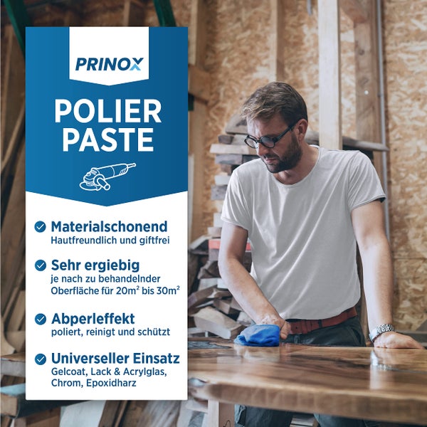 Prinox® 150ml Polierpaste inkl. Profi Poliertuch I Politur für Acrylglas, Epoxidharz, Lacke, Gelcoat gfk, Chrom & Kunststoffe I Entfernt Mattierungen & Mikro Kratzer