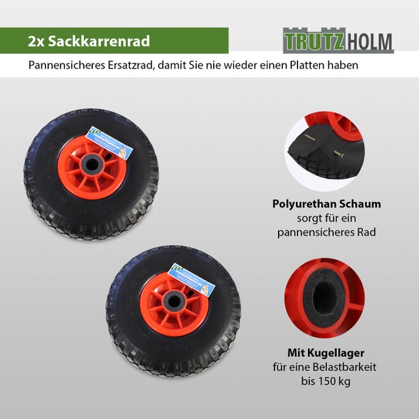 Zwei pannensichere Sackkarrenräder aus Polyurethanschaum mit Kugellager von Trutzholm für eine Belastbarkeit bis 150 Kilogramm.