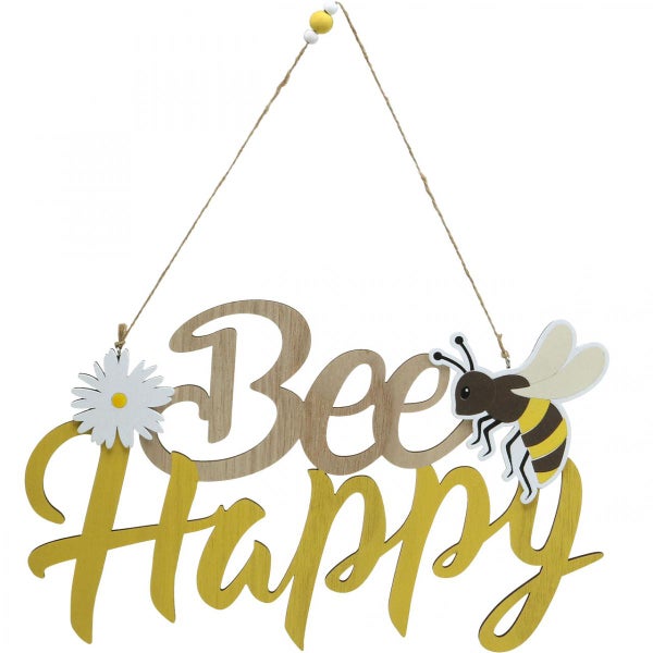 Dekoratives Schild mit der Aufschrift Bee Happy, inklusive eines Bienen- und Gänseblümchenmotivs zum Aufhängen