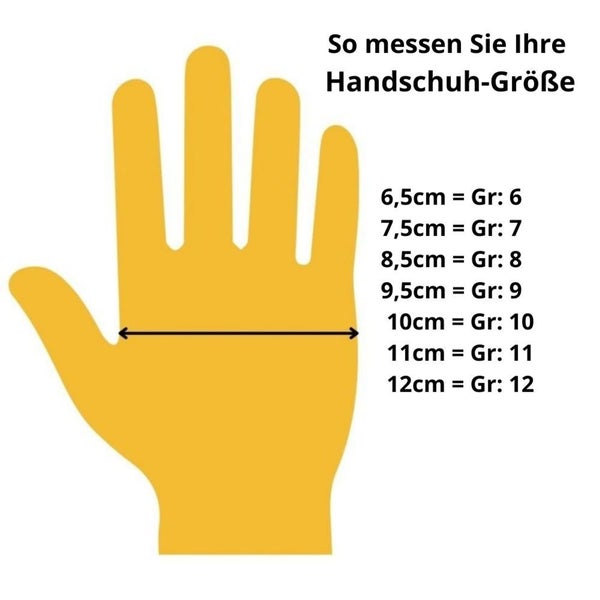 Anleitung zum Messen der Handschuhgröße mit einer Handgrafik und Größenangaben.