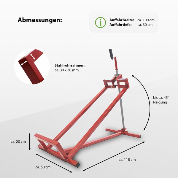 Abbildung der Abmessungen einer Motorradwippe mit Stahlrohrrahmen und einer Neigung bis circa 45 Grad.