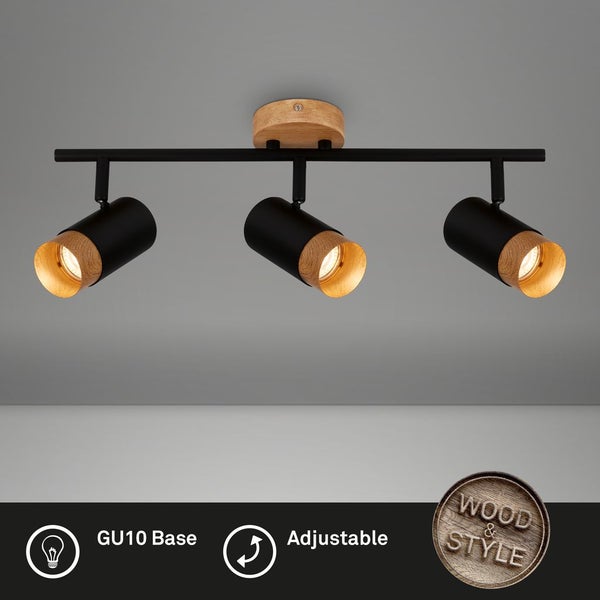 Spotlight, black, with wood, excl. 3xGU10/max.9W