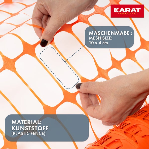 Orangefarbener Kunststoff-Absperrzaun von Karat Commercial mit einer Maschenweite von 10 mal 4 Zentimetern. Karat Commercial Logo.