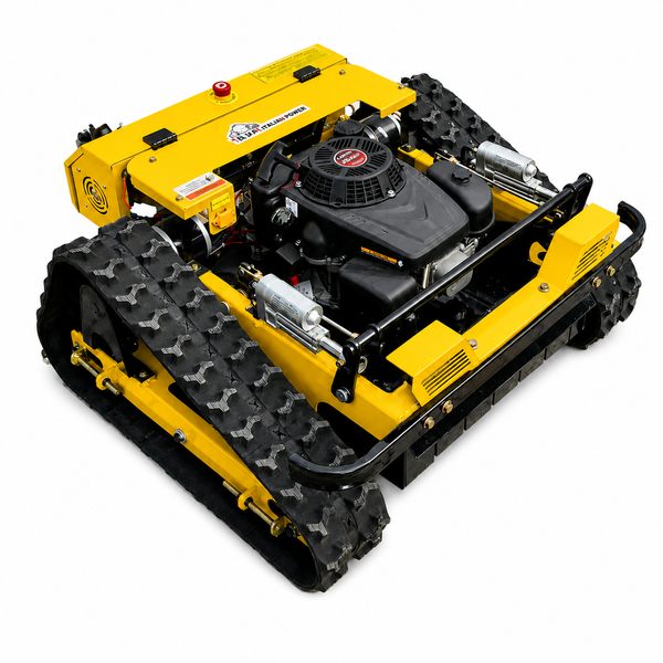 Ferngesteuerter Raupenmäher mit Benzinmotor und Raupenfahrwerk für anspruchsvolles Gelände.