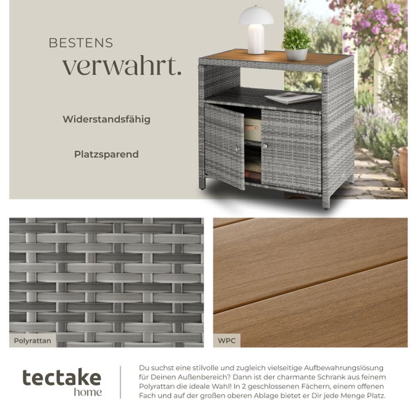 Garten-Aufbewahrungsschrank aus Polyrattan mit WPC-Oberfläche, offenem Fach und zwei Türen in einer hellen Gartenumgebung. Tectake home Logo.