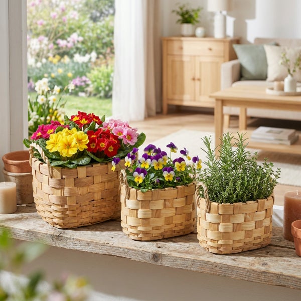 Drei geflochtene Holzkörbe mit bunten Primeln, Stiefmütterchen und Kräutern auf einer Fensterbank im Wohnzimmer.