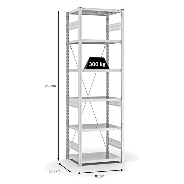 PROREGAL Fachbodenregal Stecksystem T-Profil Heavy-Duty Grundregal HxBxT 250 x 75 x 50 cm 6 Ebenen Fachlast 300 kg Einseitig Nutzbar Lichtgrau