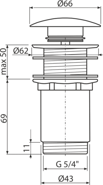 Technische Zeichnung eines Waschbecken Ablaufventils mit Maßen in Millimetern und Anschluss G 5/4 Zoll.