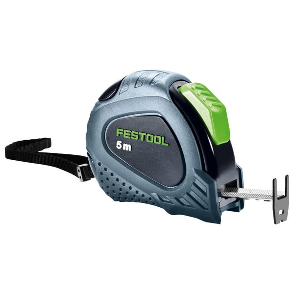 Festool Rollbandmaß mit 5 Meter Länge, robustem Gehäuse, grünem Feststellknopf und Handschlaufe.