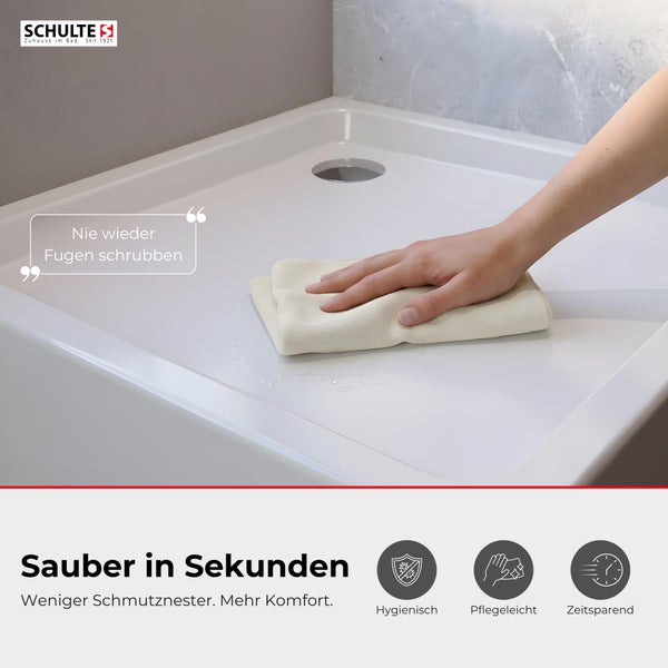 Hand reinigt eine pflegeleichte Duschwanne ohne Fugen mit einem Tuch. Schulte Logo. Symbole für Hygiene, Pflegeleichtigkeit und Zeitersparnis.