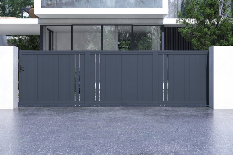 Schiebetor 6m GIONA H.160cm graues Aluminium + Tor 1M CIMONE H.160cm Aluminium