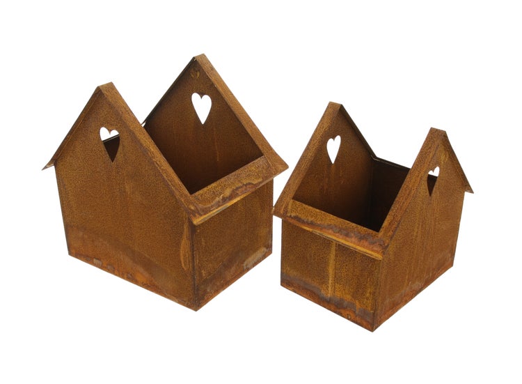 FRANK FLECHTWAREN | Pflanzer Rost-Haus, 2er Set, 20,5 x 14,5 x 20 cm, 24,5 x 17,5 x 24,5 cm, METALL