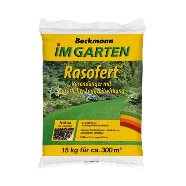 Beckmann Im Garten Rasofert Rasendünger mit natürlicher Langzeitwirkung 15 Kilogramm Sack für etwa 300 Quadratmeter