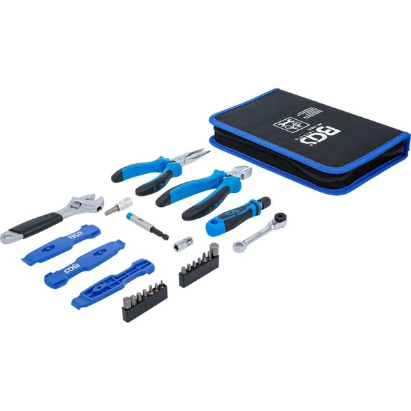 BGS technic Fahrrad-Werkzeugsatz in schwarzer Reißverschlusstasche, inklusive Zangen, Rollgabelschlüssel, Reifenheber, Bits und Ratsche.