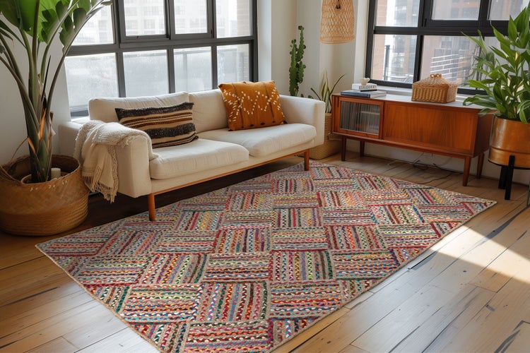 Bunter geflochtener Teppich mit geometrischem Muster in einem hellen Wohnzimmer mit Sofa und Holzmöbeln.
