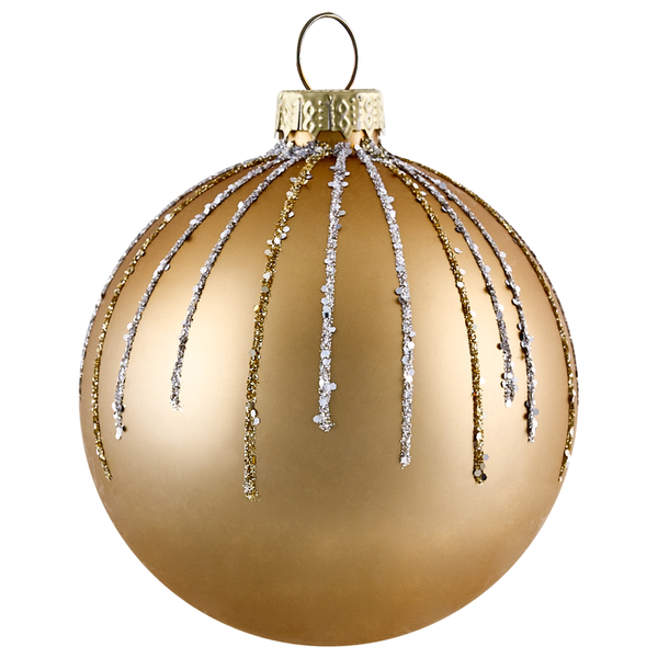 Goldene Christbaumkugel mit vertikalen Glitzerstreifen in Gold und Silber und Metallkappe mit Aufhängeöse.