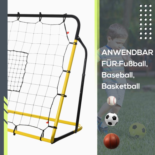 HOMCOM Kickback Fußball Rebounder, Rückprallwand Netz für Fußball, Basketball und Baseball, 184 x 63 x 123 cm, Stahl+PE, Gelb+Schwarz