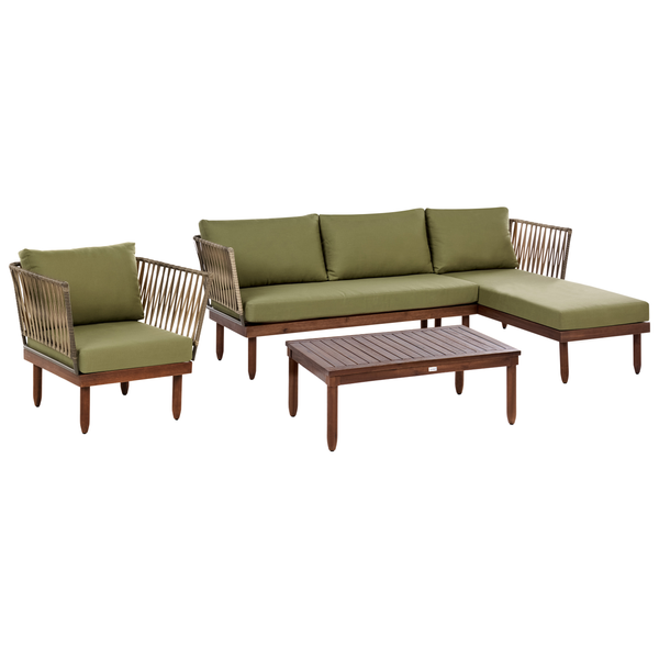 Lounge-Set bestehend aus Ecksofa, Sessel und Couchtisch mit dunklem Holzgestell, Seilbespannung und grünen Polstern.