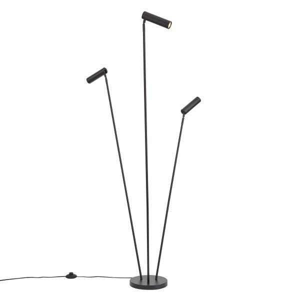 Dreiflammige schwarze Stehleuchte mit drei verstellbaren zylindrischen Spots und rundem Sockel.