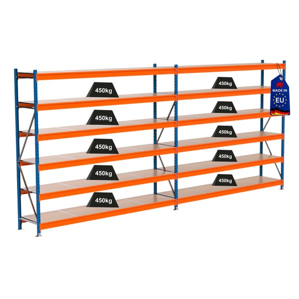 Regal mit einer Traglast von 450 Kilogramm und Made in EU Siegel