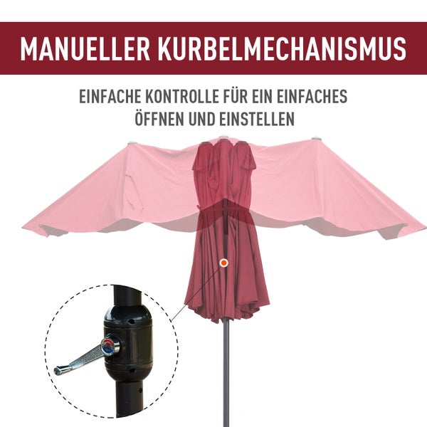 Outsunny Doppelsonnenschirm 455 x 270 cm Gartenschirm mit Handkurbel oval stabil Metallstange Marktschirm Doppelsonnenschirm Terrassenschirm Sonnenschutz für Strand Balkon Terrasse Garten Weinrot
