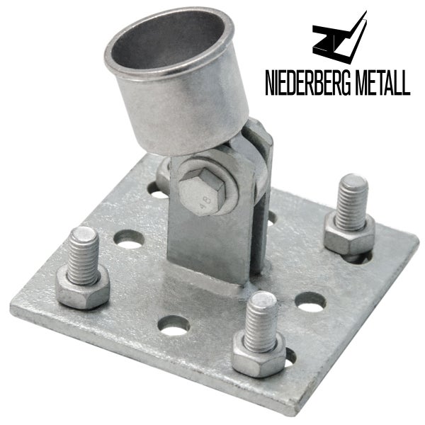 Verstellbarer Pfostenträger aus verzinktem Stahl mit quadratischer Grundplatte, Gelenk und Schrauben. Niederberg Metall Logo.