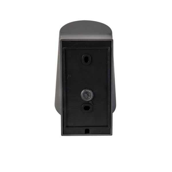 Rückansicht einer dunklen Wandhalterung für Leuchten mit Montagebohrungen und Kabeleinführung.