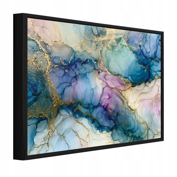 Wandbild mit abstraktem Motiv in Aquarelloptik und goldenen Akzenten in einem schwarzen Rahmen.