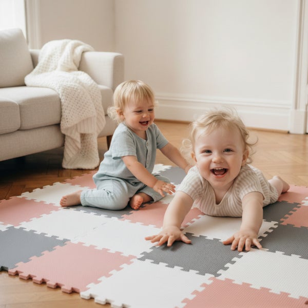 Zwei kleine Kinder spielen auf einer weichen Schaumstoff Spielmatte in einem Wohnzimmer.