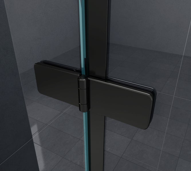 Detailansicht einer Duschkabine mit schwarzem Beschlag