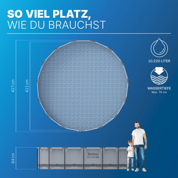 Bestway Steel Pro Max Pool: 427 Zentimeter Durchmesser, 84 Zentimeter Höhe, 10220 Liter Inhalt, 76 Zentimeter maximale Wassertiefe.