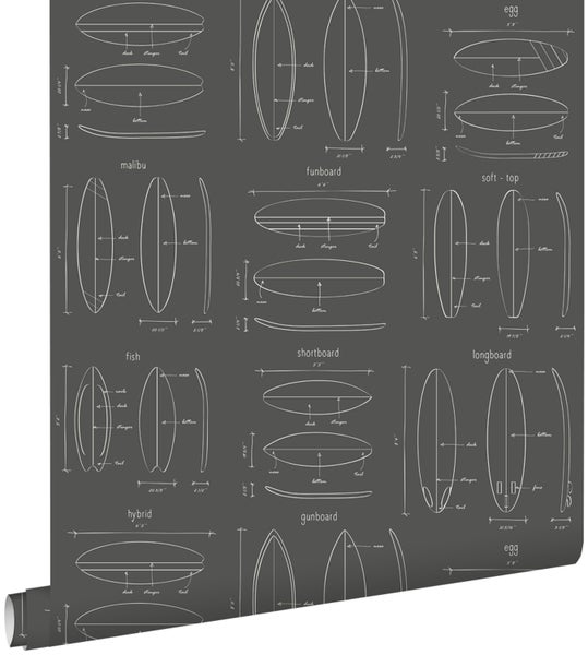 ESTAhome Tapete technische Zeichnungen von Surfbrettern Dunkelgrau - 53 cm x 10.05 m - 128872